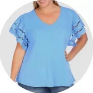 NWOT! Cure.brand women’s cornflower blue flutter eyelet short sleeve top